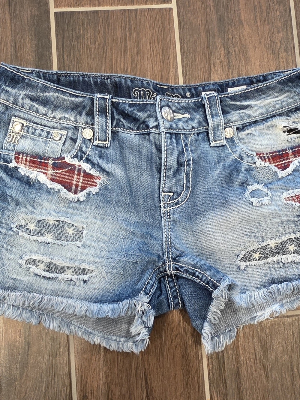 Miss Me Blue Distressed Denim Jean Shorts with Red Plaid Patches